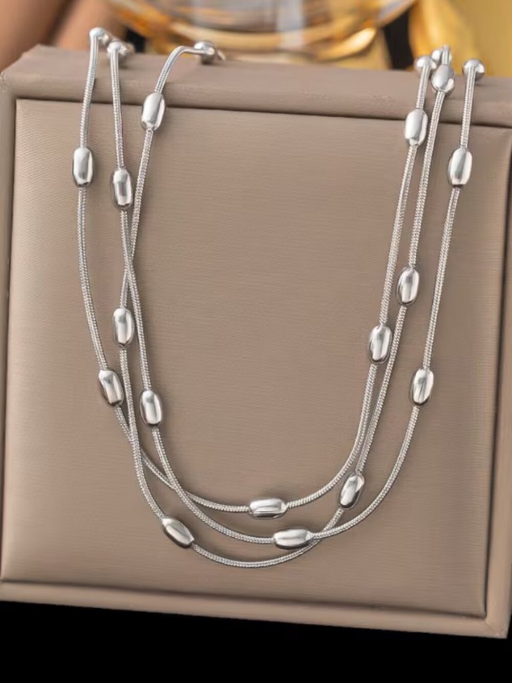 NWT 18K White Gold Plated Long Wrap Beaded Snake Chain Necklace Stainless Steel